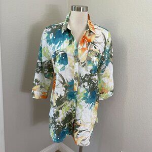 Chicos Womens 12 Floral 100% Linen No Iron Button Up Shirt 3/4 Sleeves Top